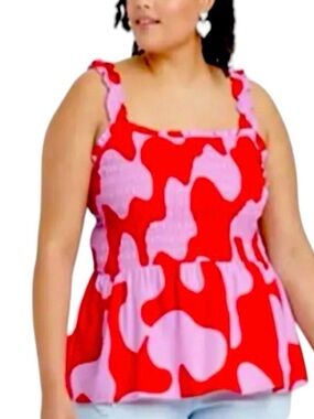 Ava & Viv Red Pink Abstract Smocked Sleeveless Peplum Top NWOT Size 3X